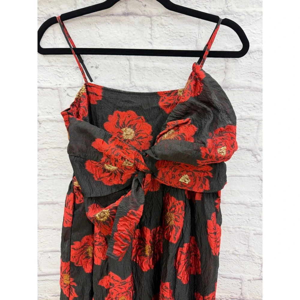 Sister Jane‎ Dream Bardot Dress Red Floral Jacquard Bow Midi XS Sleeveless Black